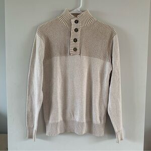 Beige Sweater Pullover 1/4 Button Knit Mock Neck Long Sleeve BKE Mens Size Small